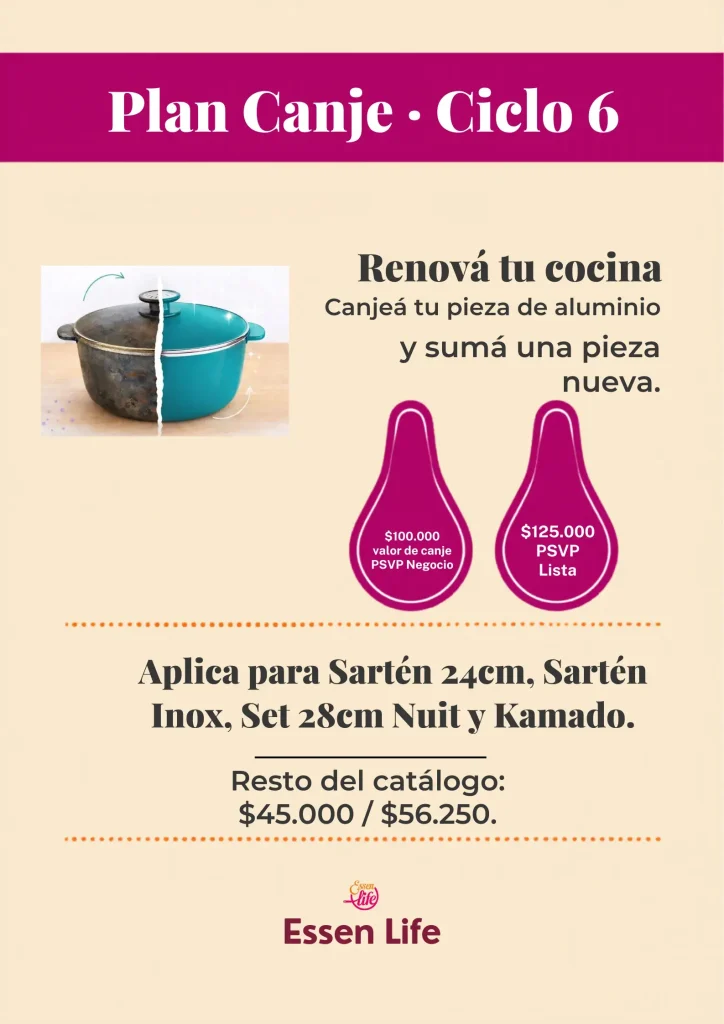 Plan Canje Essen junio 2026 - valor de canje $100.000 para Sartén 24cm, Sartén Inox, Set 28cm Nuit y Kamado