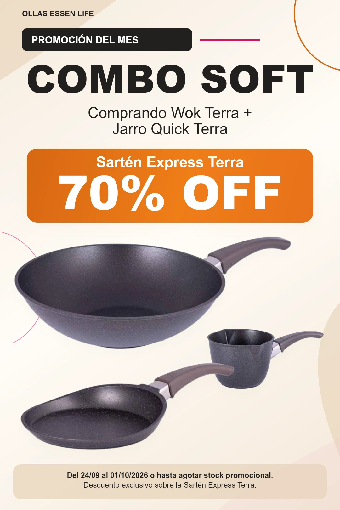 Combo Soft Essen Terra con Jarro Quick y Sartén Express Terra con 70% de descuento