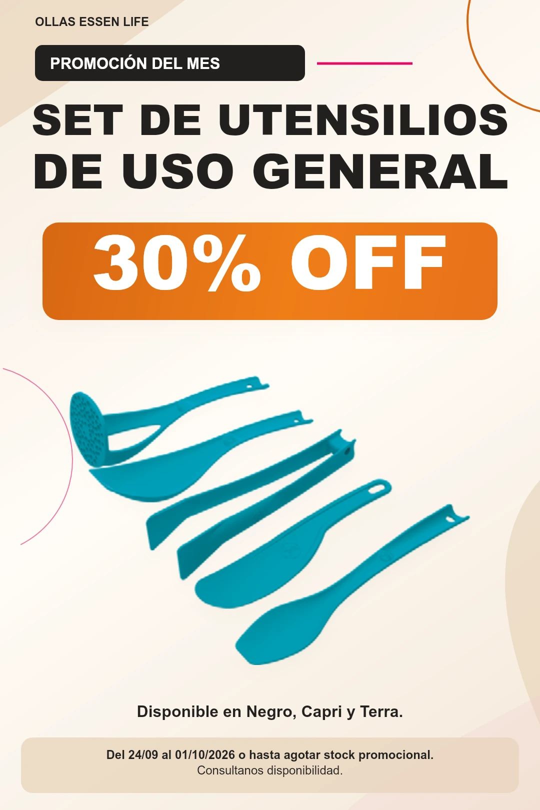 Set de Utensilios de Uso General Essen en Negro, Capri y Terra con 30% de descuento